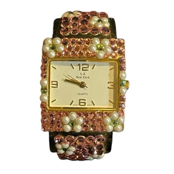 Lz of New York Aurora Borealis Ladies Watch, Pink w White Pearl flowers, Works! - Picture 1 of 14